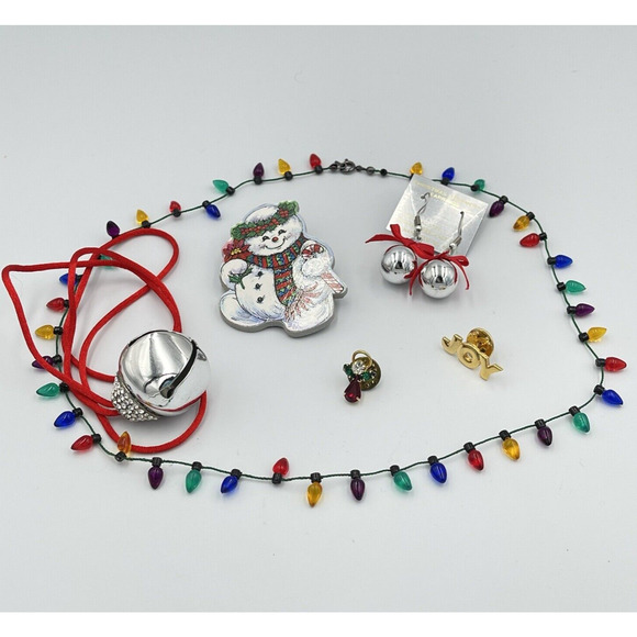 Christmas Jewelry - Vintage Christmas Jewelry Lot 6 PC Necklace Brooch Pin Earrings Snowman Angel